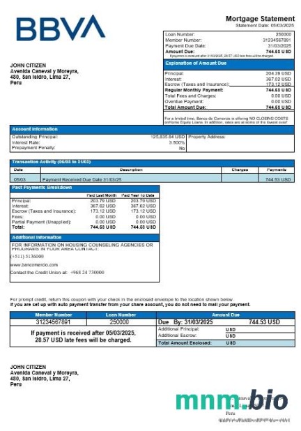 Peru Banco de Comercio wyciąg z kredytu hipotecznego w formatach Word i PDF